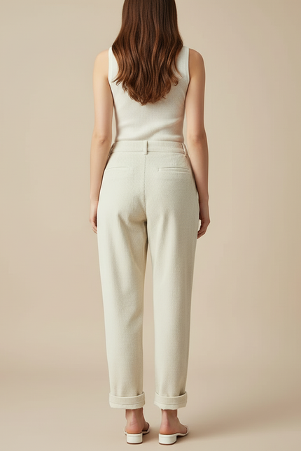 Pantalon Blanc Côtelé Taille Haute Plissé Femme - Beige Cordé - vue 2