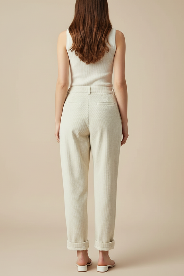 Pantalon Blanc Côtelé Taille Haute Plissé Femme - Beige Cordé - vue 2