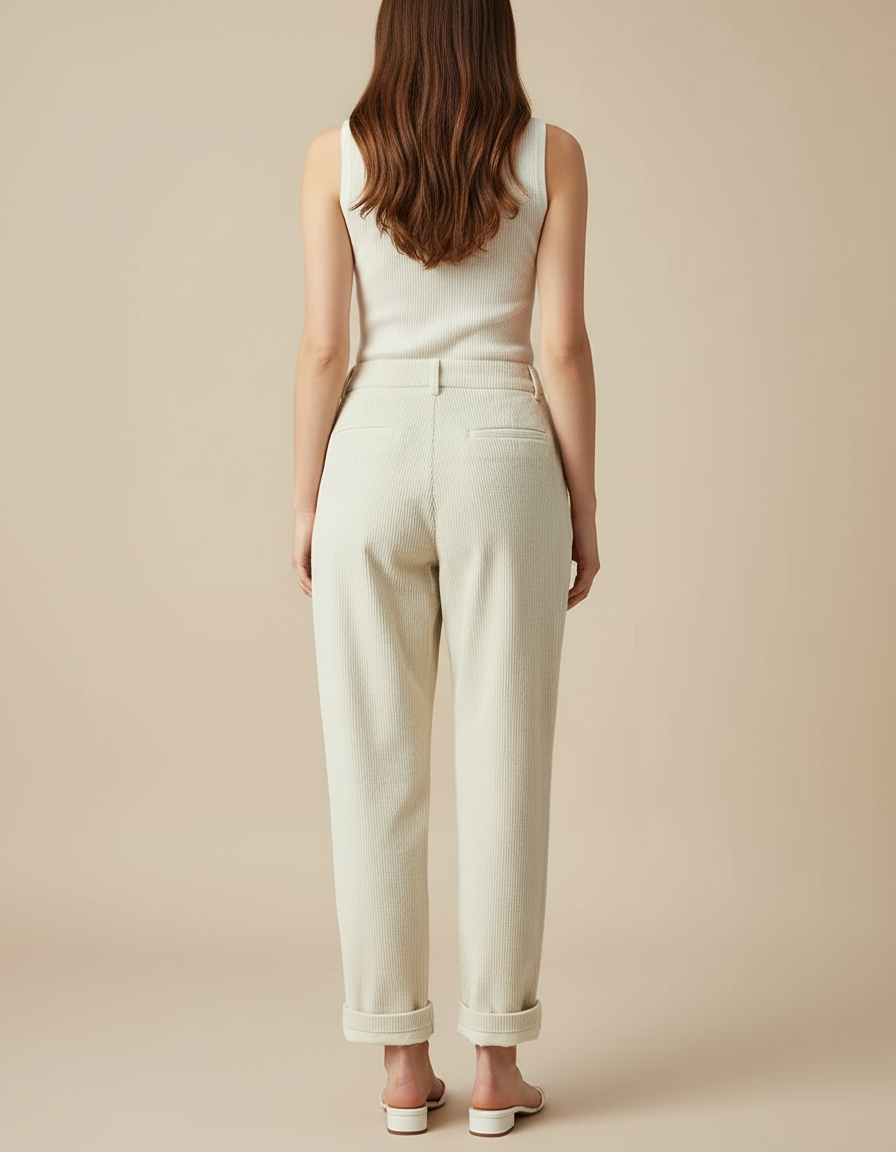 Pantalon Blanc Côtelé Taille Haute Plissé Femme - Beige Cordé - vue 2