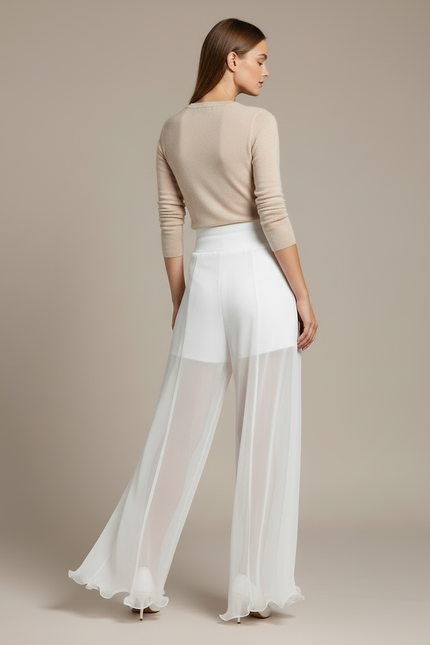 Pantalon Blanc Fluide Gaze Taille Haute Élégant - Polyester - vue 2