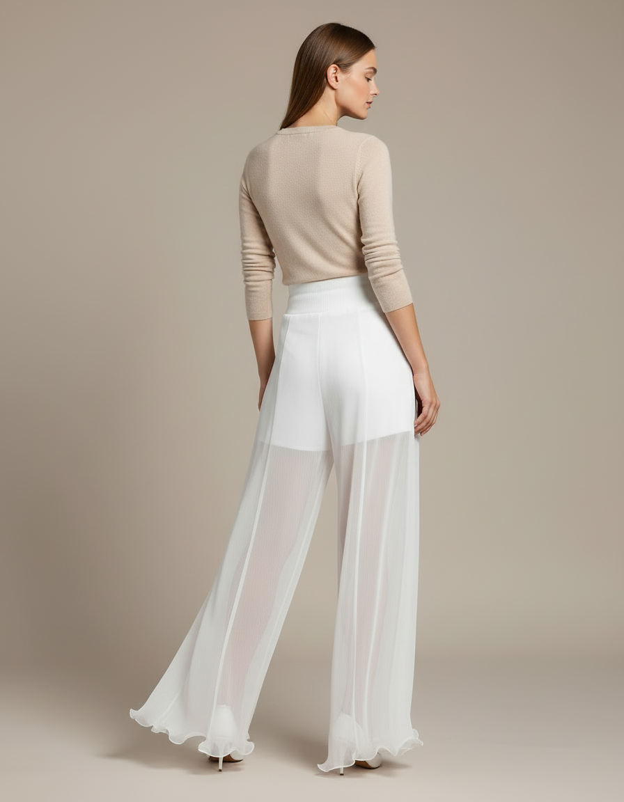 Pantalon Blanc Fluide Gaze Taille Haute Élégant - Polyester - vue 2