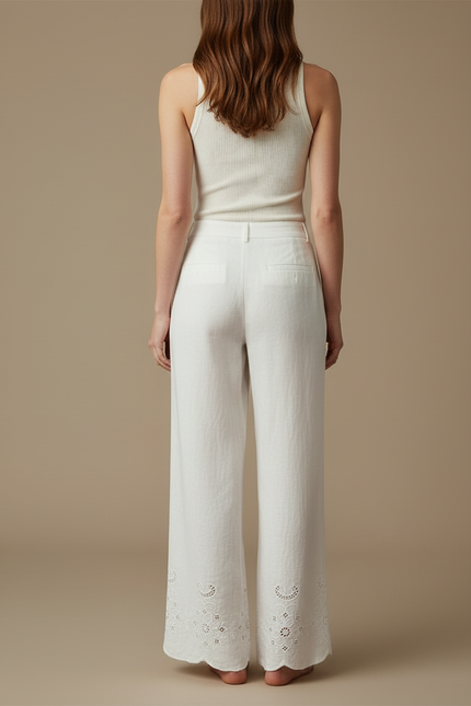 Pantalon Blanc Large Lin Brodé Décontracté Élégant - vue 2