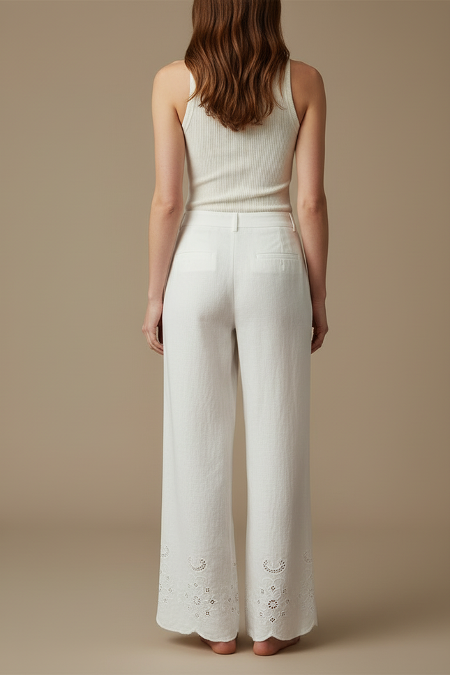 Pantalon Blanc Large Lin Brodé Décontracté Élégant - vue 2