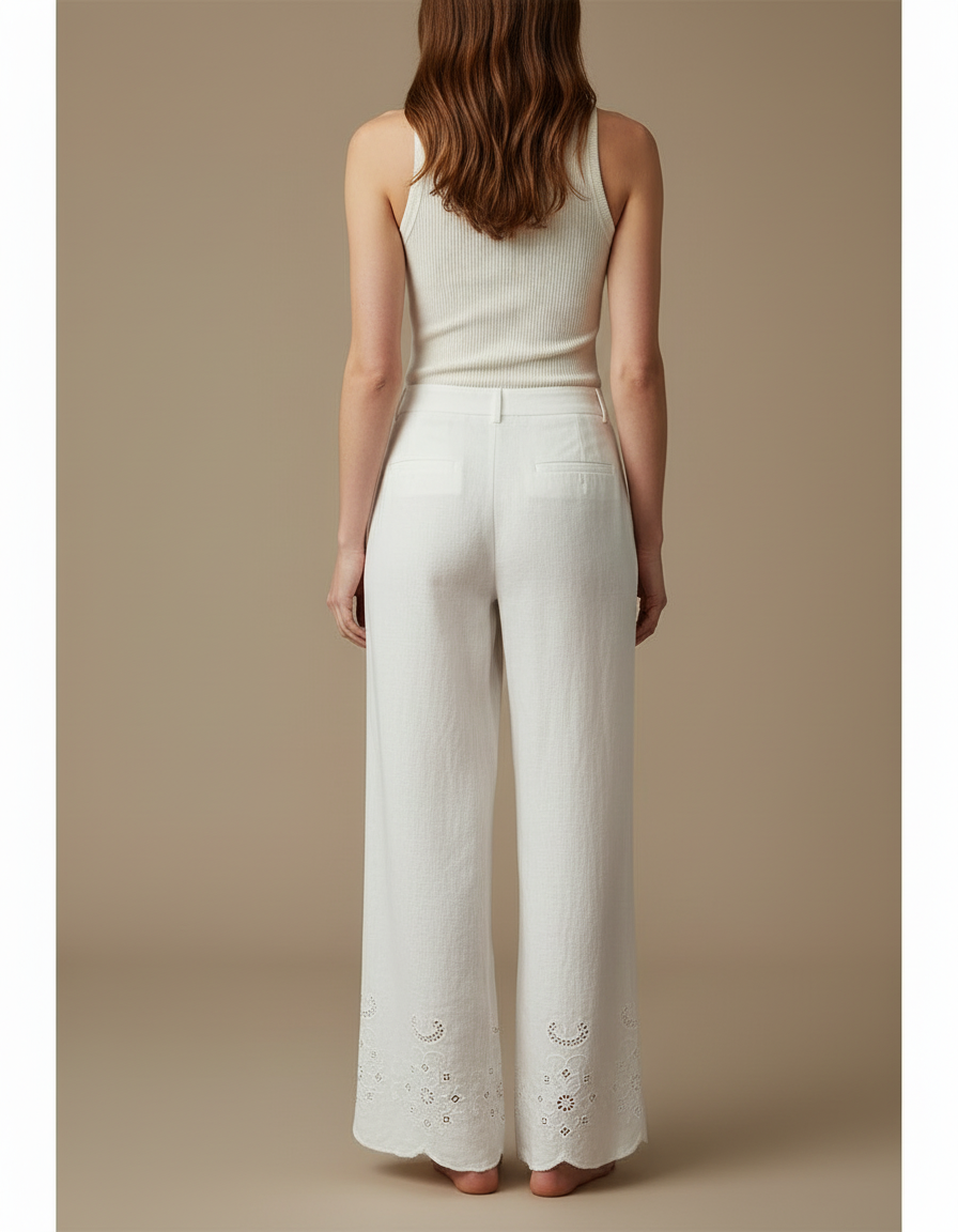 Pantalon Blanc Large Lin Brodé Décontracté Élégant - vue 2