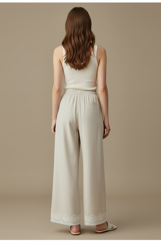 Pantalon Blanc Ample Dentelle Décontracté Femme - Beige Lin - vue 2