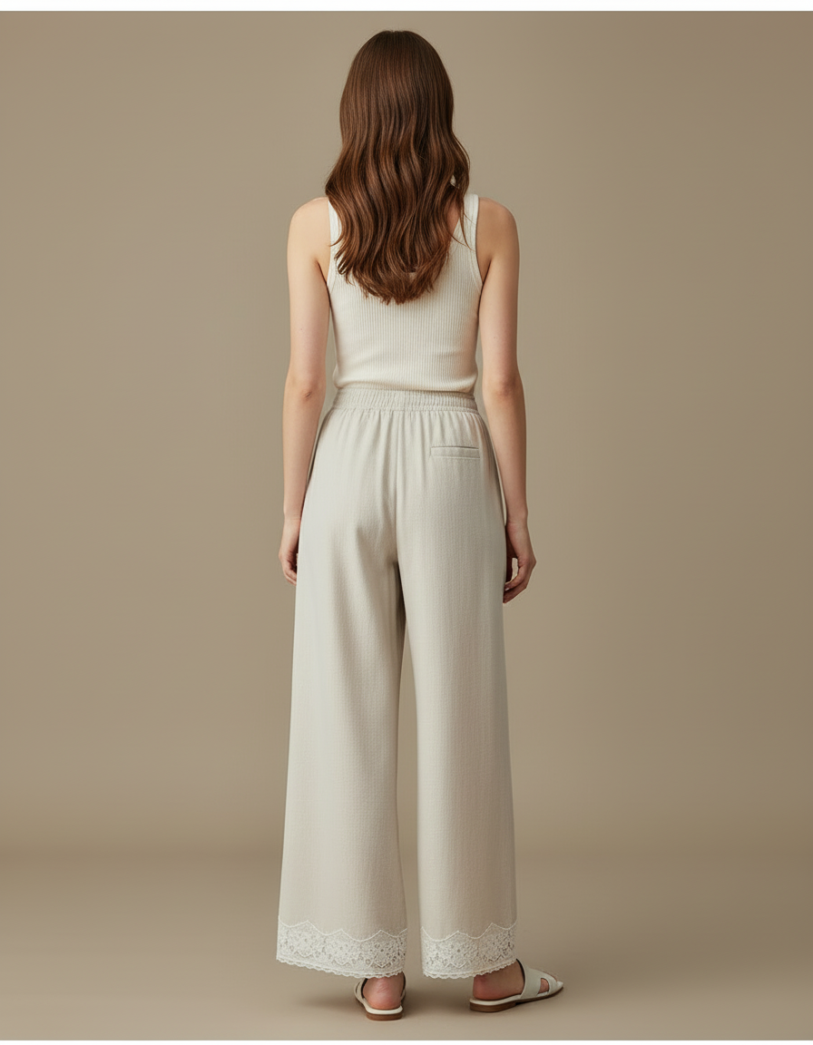 Pantalon Blanc Ample Dentelle Décontracté Femme - Beige Lin - vue 2