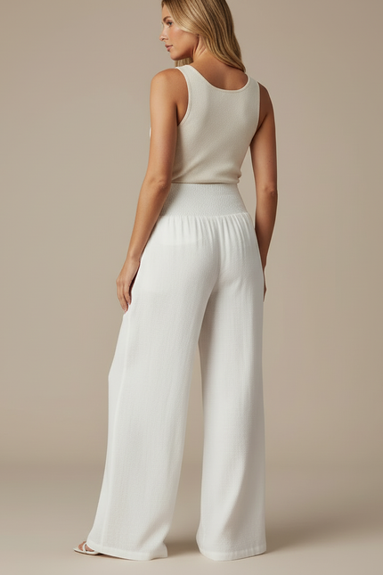 Pantalon Blanc Fluide Taille Haute Smocké Ample - Lin - vue 2