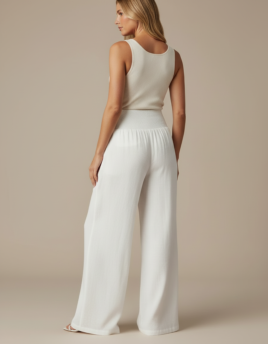 Pantalon Blanc Fluide Taille Haute Smocké Ample - Lin - vue 2