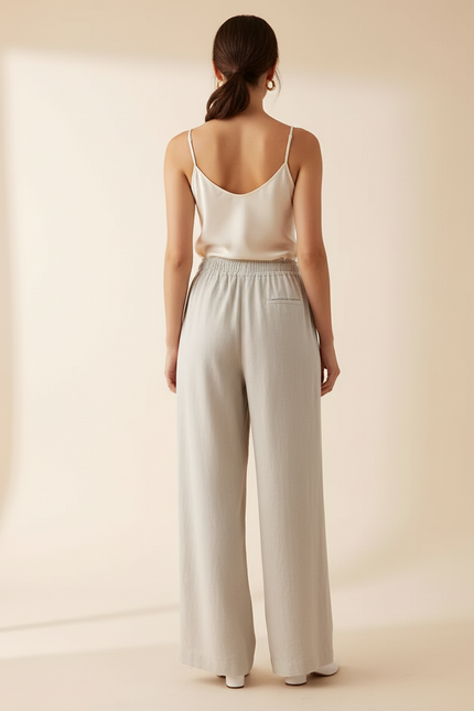 Pantalon Blanc Lin Coton Ample Fluide Décontracté Femme - Gris - vue 2