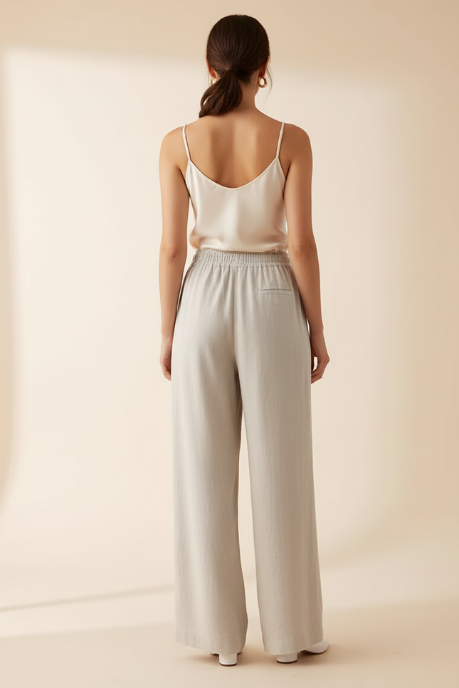 Pantalon Blanc Lin Coton Ample Fluide Décontracté Femme - Gris - vue 2