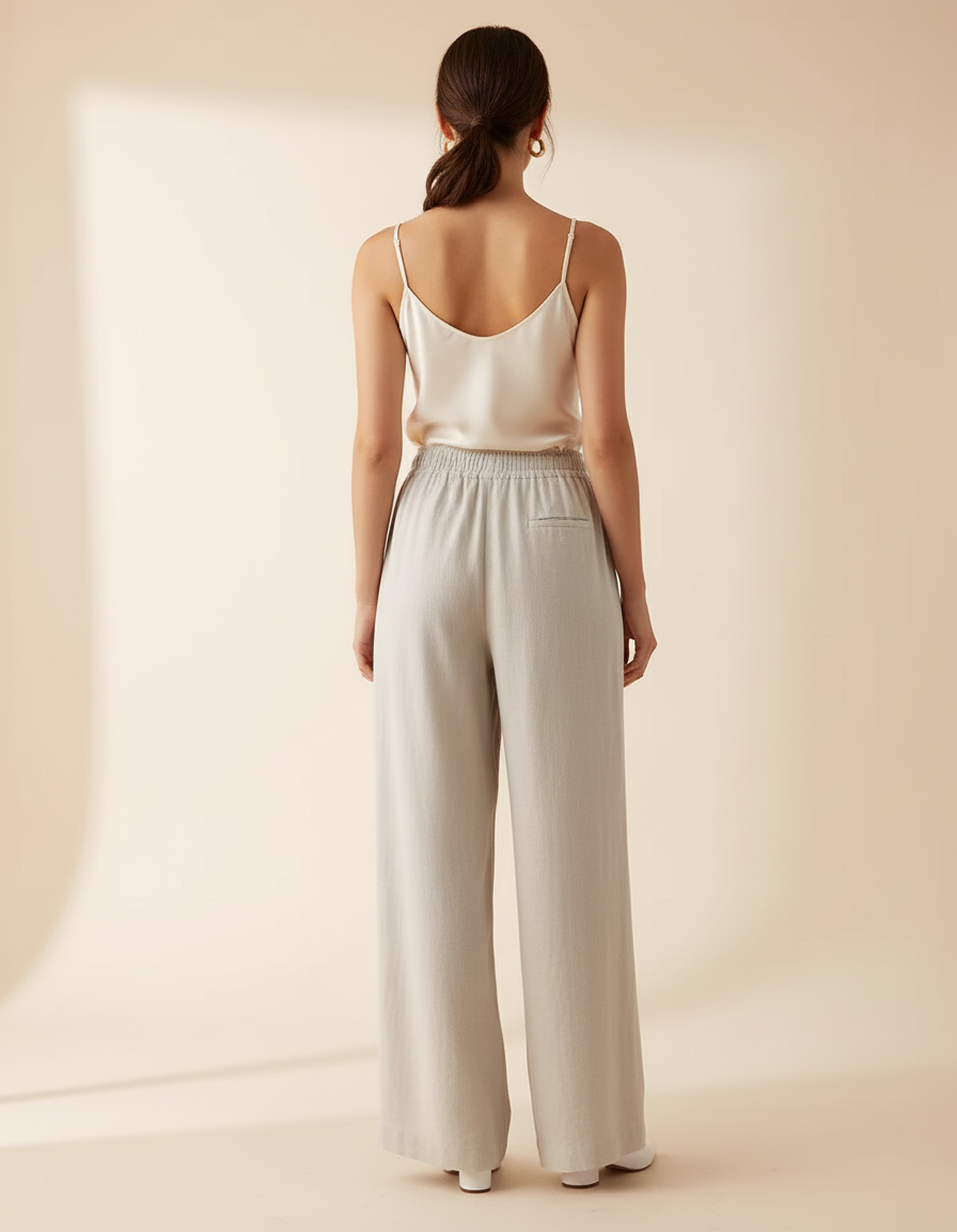 Pantalon Blanc Lin Coton Ample Fluide Décontracté Femme - Gris - vue 2