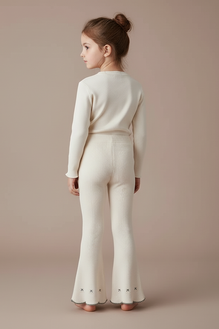 Pantalon Blanc Côtelé Tricoté Enfant Évasé Brodé - Maille - vue 2