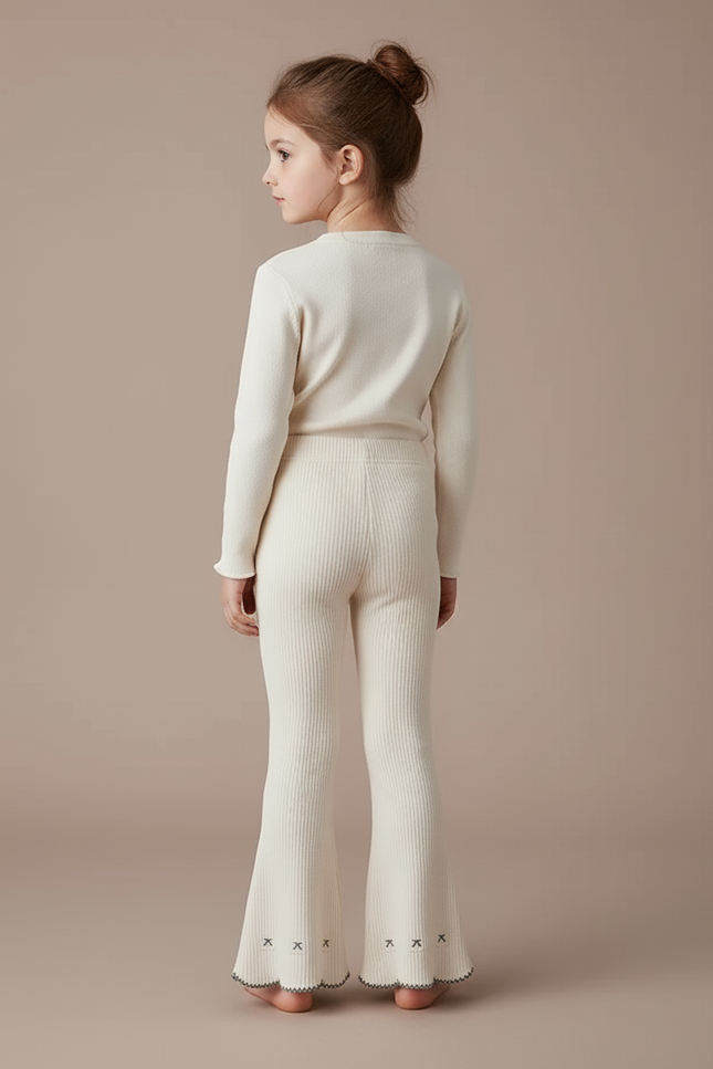 Pantalon Blanc Côtelé Tricoté Enfant Évasé Brodé - Maille - vue 2