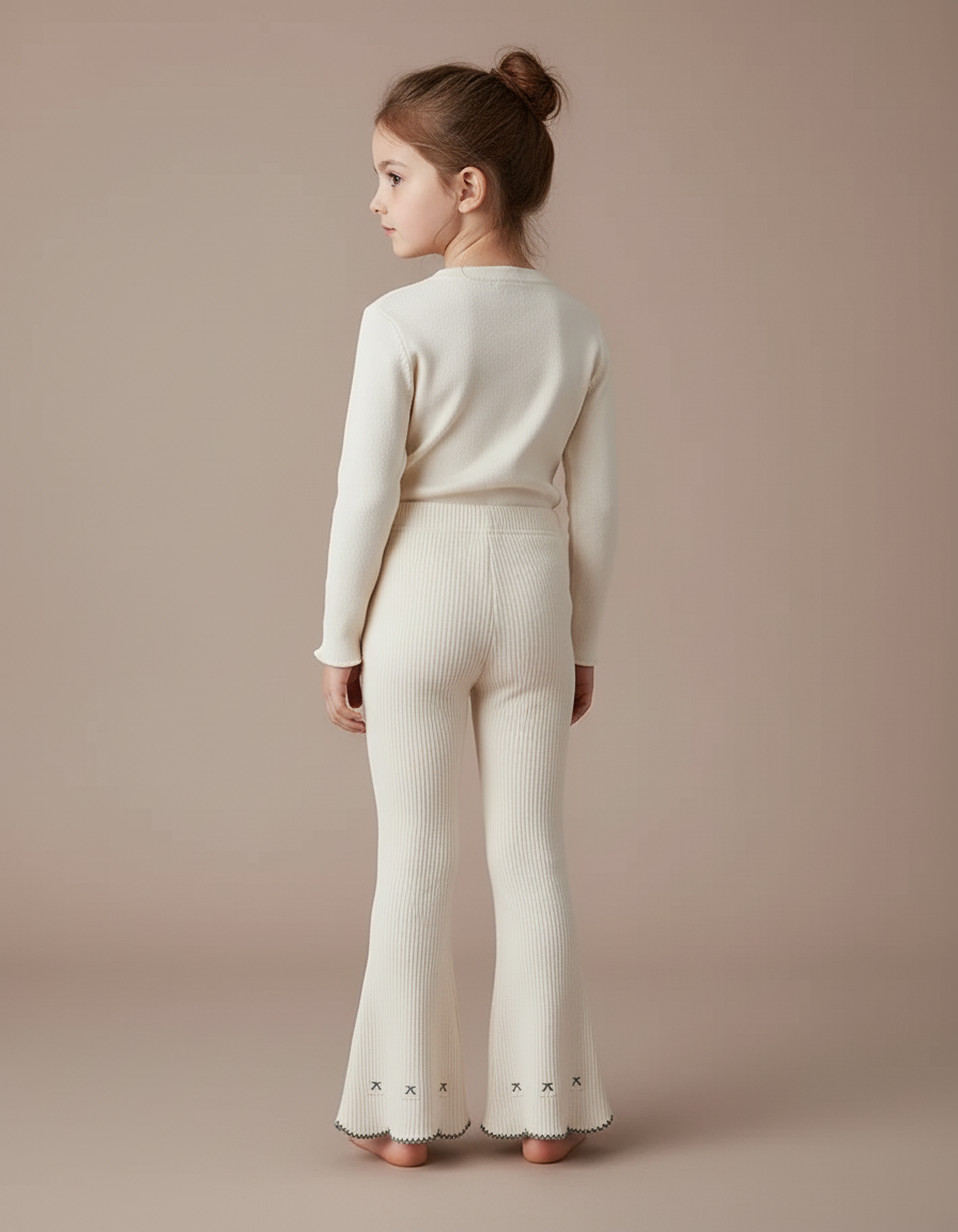 Pantalon Blanc Côtelé Tricoté Enfant Évasé Brodé - Maille - vue 2