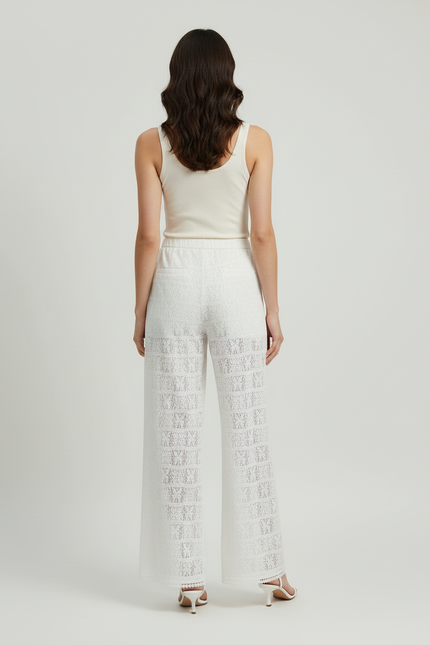Pantalon Blanc Brodé Ample Translucide Fluide Élégant - Polyester - vue 2