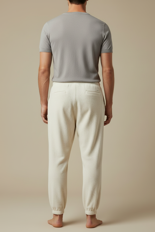Pantalon Blanc Côtelé Plissé Décontracté Homme Cordon - Beige Cordé - vue 2
