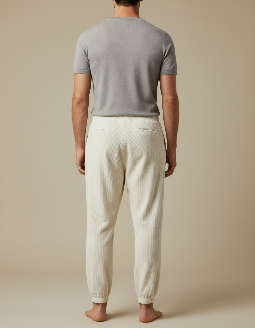 Pantalon Blanc Côtelé Plissé Décontracté Homme Cordon - Beige Cordé - vue 2