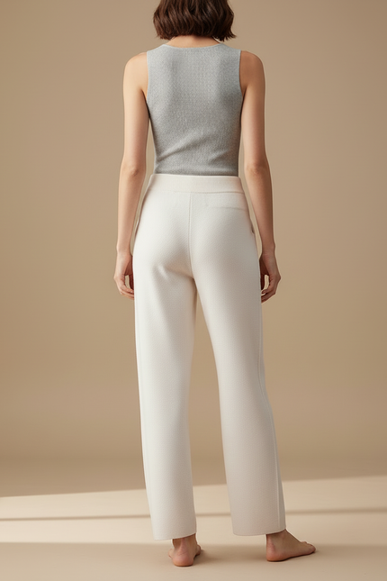 Pantalon Blanc Tricoté Ample Taille Haute Décontracté - Maille - vue 2