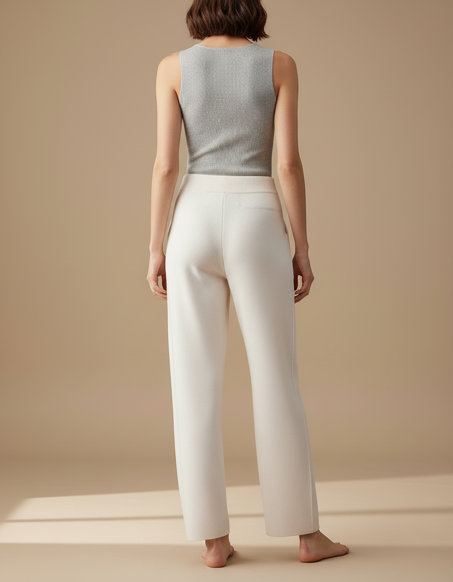 Pantalon Blanc Tricoté Ample Taille Haute Décontracté - Maille - vue 2