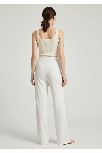 Pantalon Blanc Côtelé Droit Ample Élégant Femme - Maille - vue 2