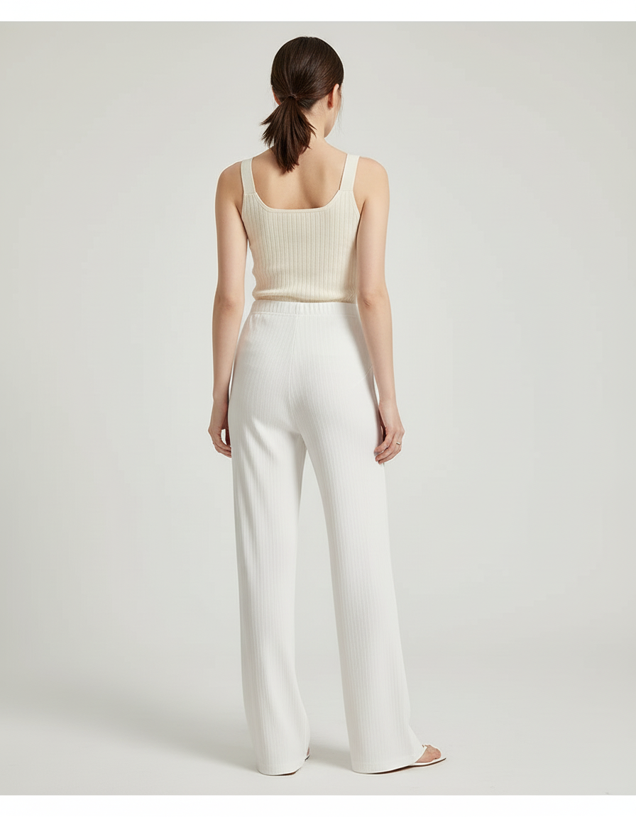 Pantalon Blanc Côtelé Droit Ample Élégant Femme - Maille - vue 2