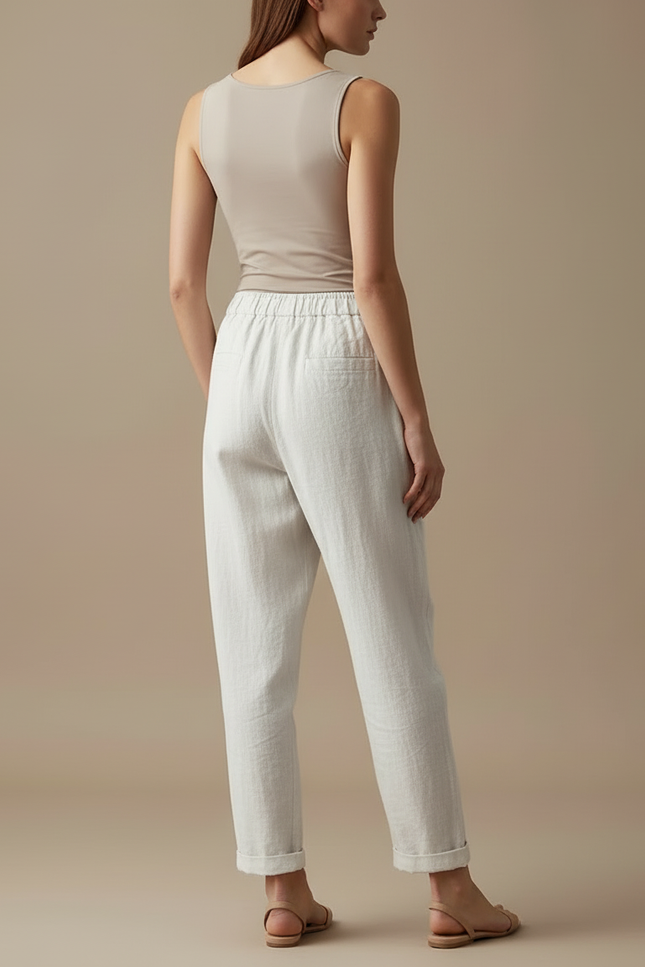 Pantalon Blanc Lin Taille Haute Ample Confortable Décontracté - Beige - vue 2
