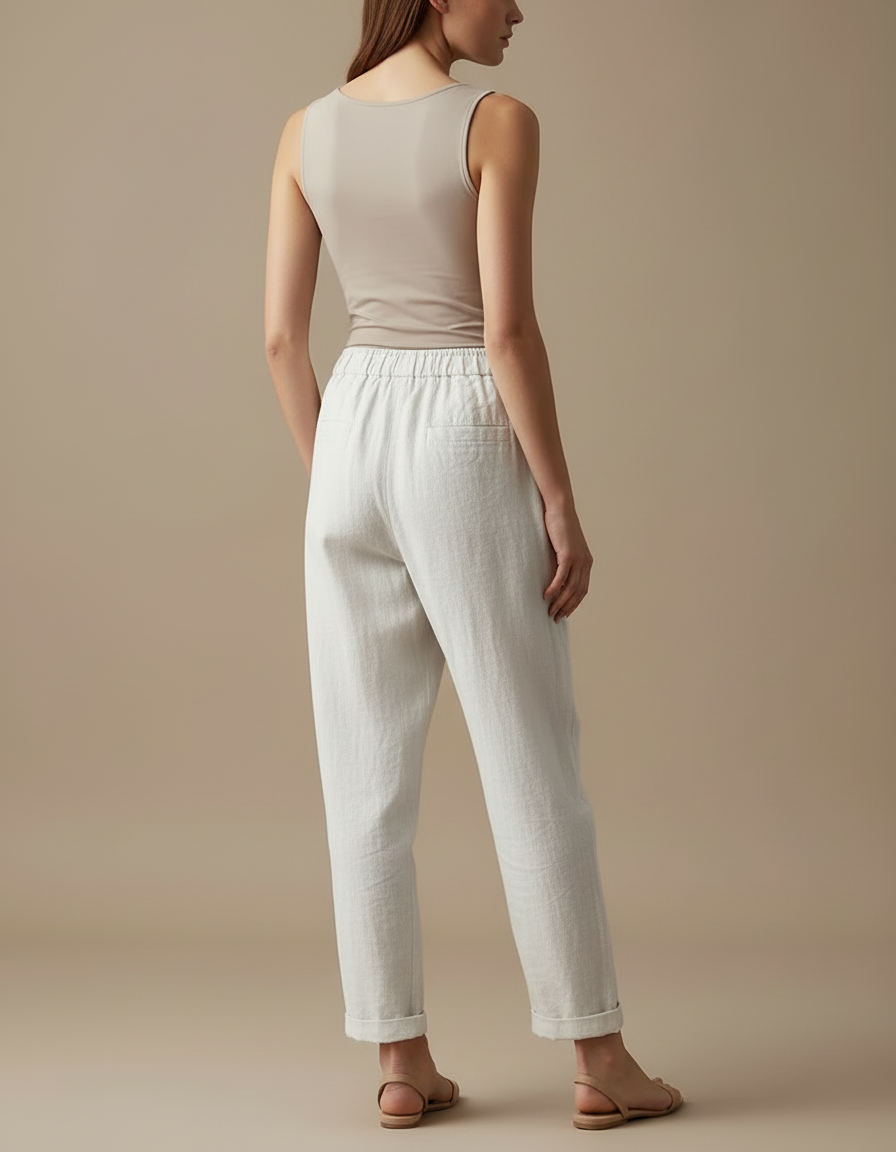 Pantalon Blanc Lin Taille Haute Ample Confortable Décontracté - Beige - vue 2