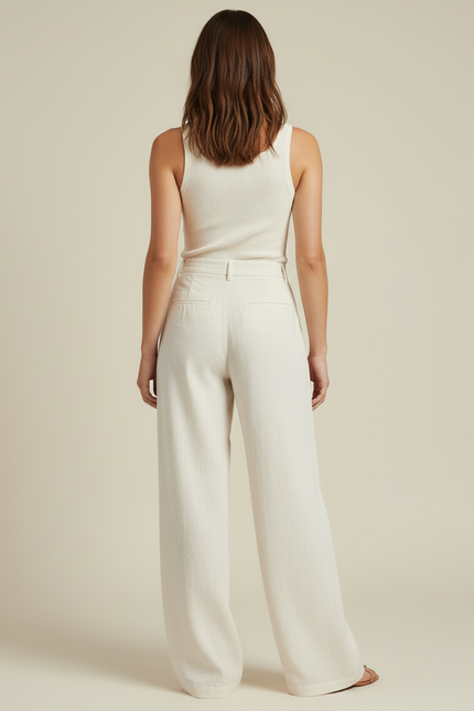 Pantalon Blanc Lin Taille Haute Ample Droit Élégant - Beige - vue 2