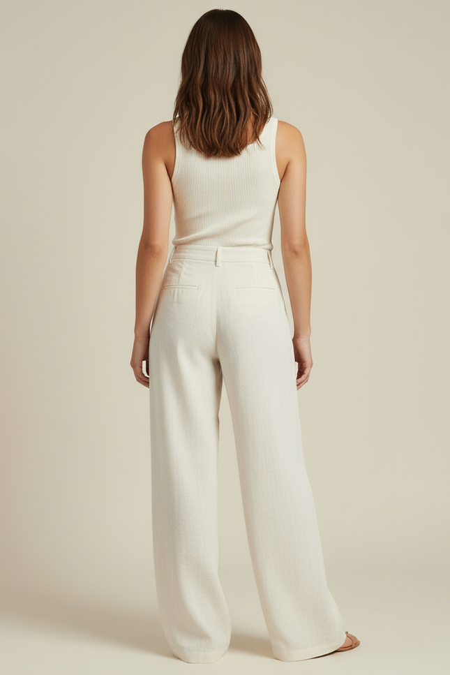 Pantalon Blanc Lin Taille Haute Ample Droit Élégant - Beige - vue 2