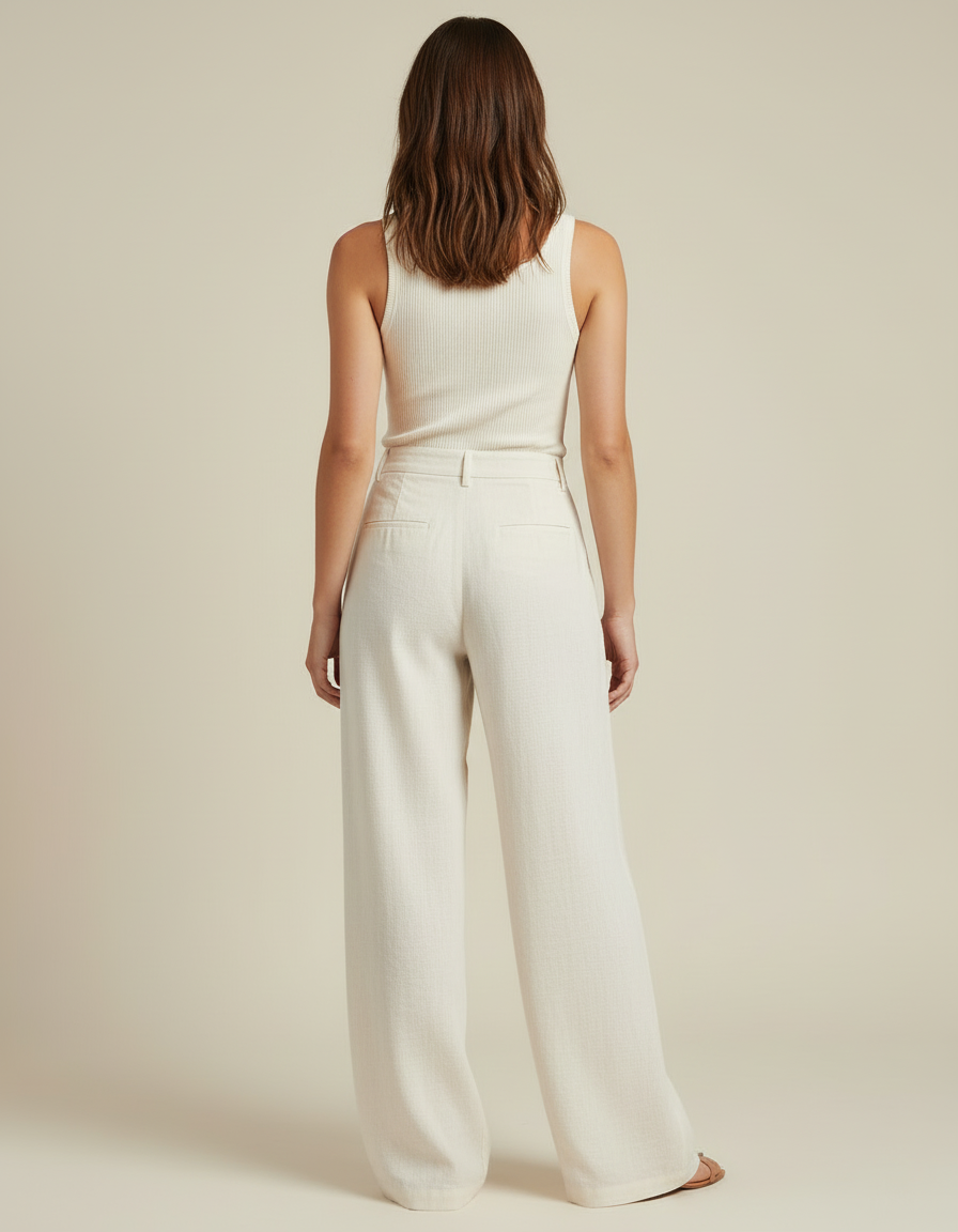 Pantalon Blanc Lin Taille Haute Ample Droit Élégant - Beige - vue 2