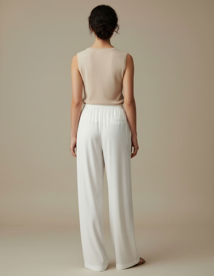 Pantalon Blanc Fluide Ample Taille Haute Élégant - Viscose - vue 2
