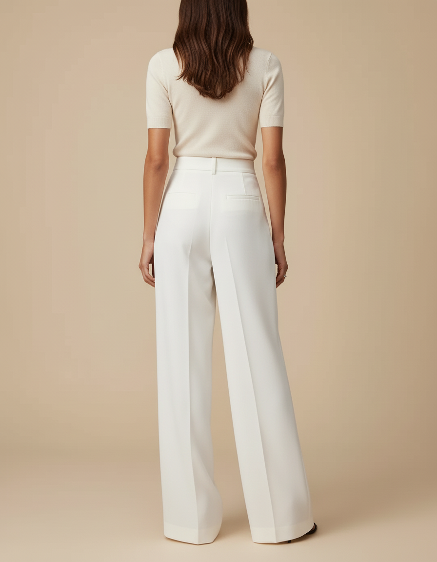 Pantalon Blanc Fluide Taille Haute Jambe Large Femme - Polyester - vue 2
