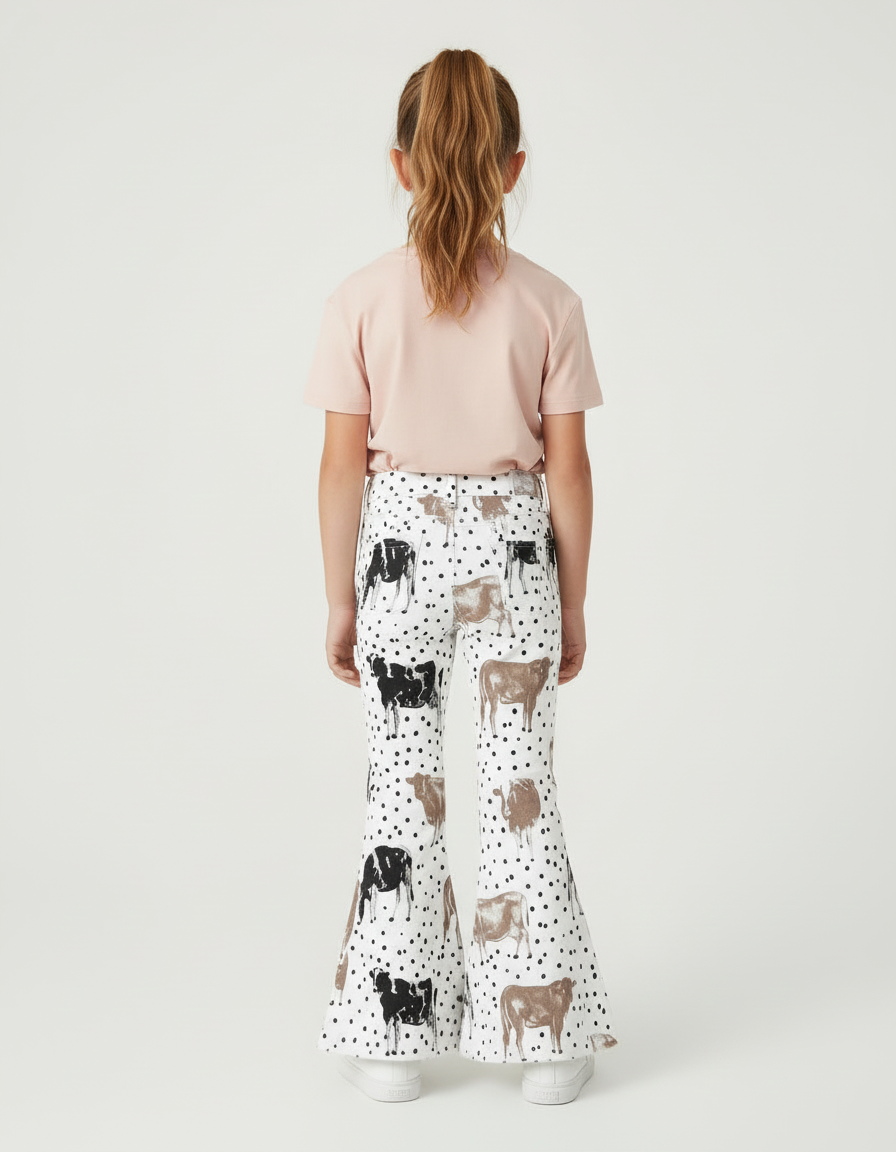 Pantalon Blanc Fille Évasé Motif Vache - Imprimé Coton - vue 2