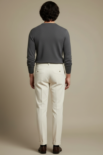 Pantalon Blanc Côtelé Plissé Droit Homme Élégant - Beige Cordé - vue 2