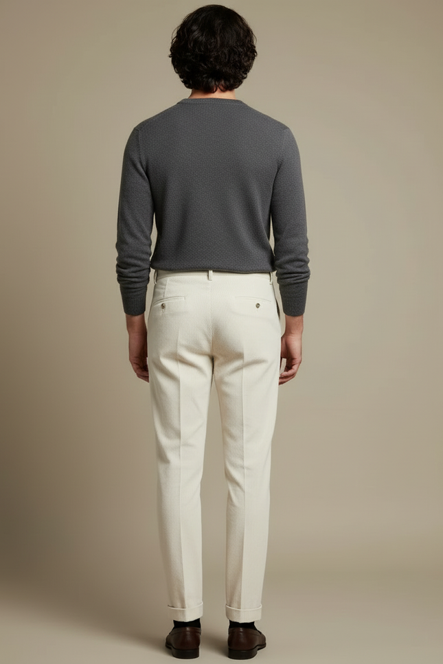 Pantalon Blanc Côtelé Plissé Droit Homme Élégant - Beige Cordé - vue 2
