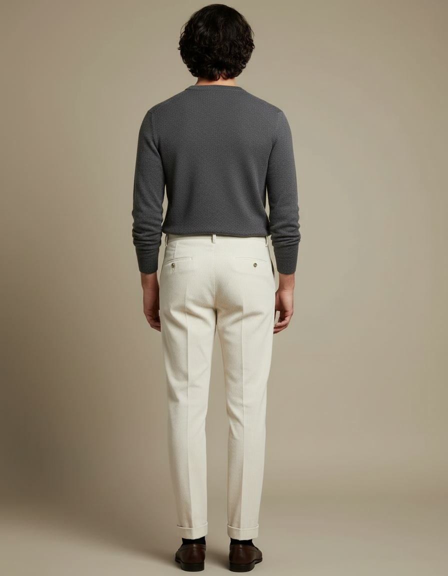 Pantalon Blanc Côtelé Plissé Droit Homme Élégant - Beige Cordé - vue 2