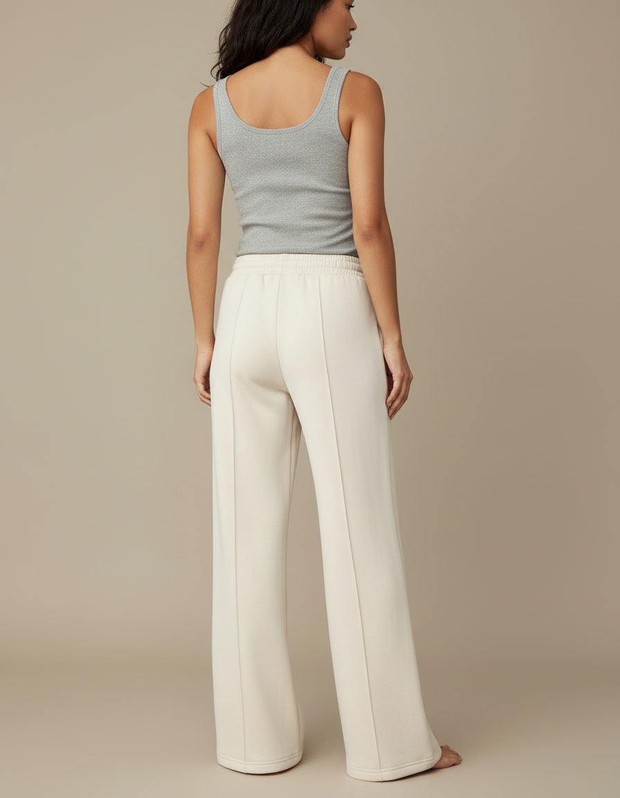 Pantalon Blanc Large Fluide Cordon Décontracté Confortable - Beige Molleton - vue 2