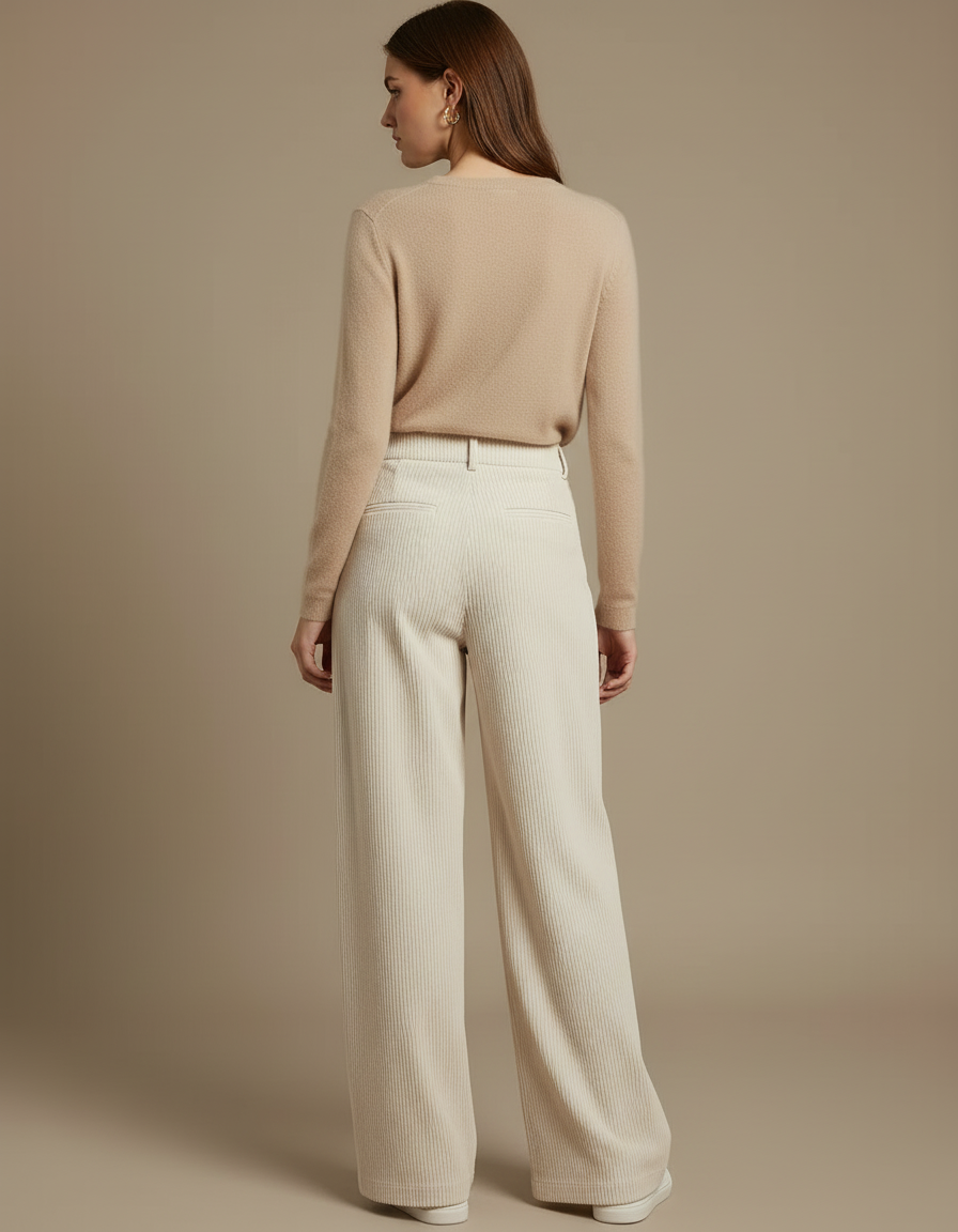 Pantalon Blanc Côtelé Ample Plissé Décontracté Femme - Cordé - vue 2