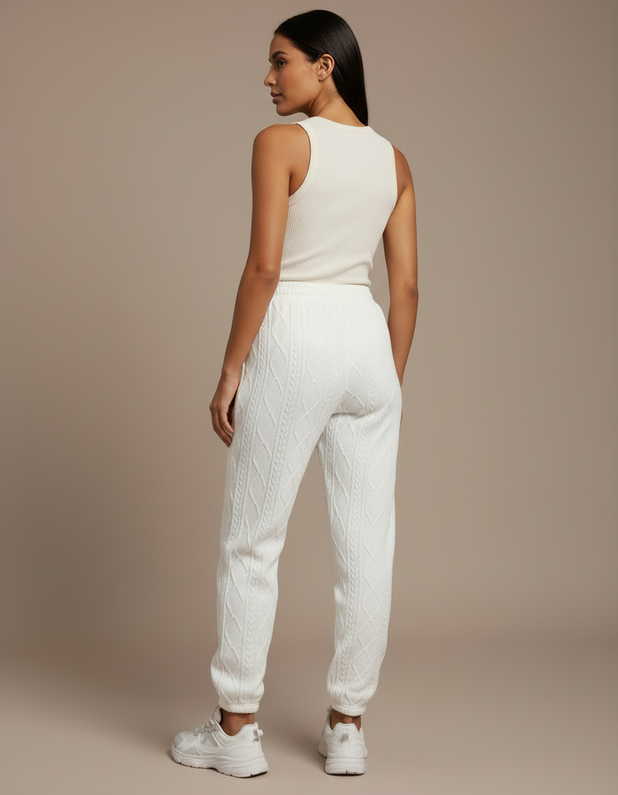 Pantalon Blanc Tricoté Câblé Confortable Jogger Femme - Molleton - vue 2