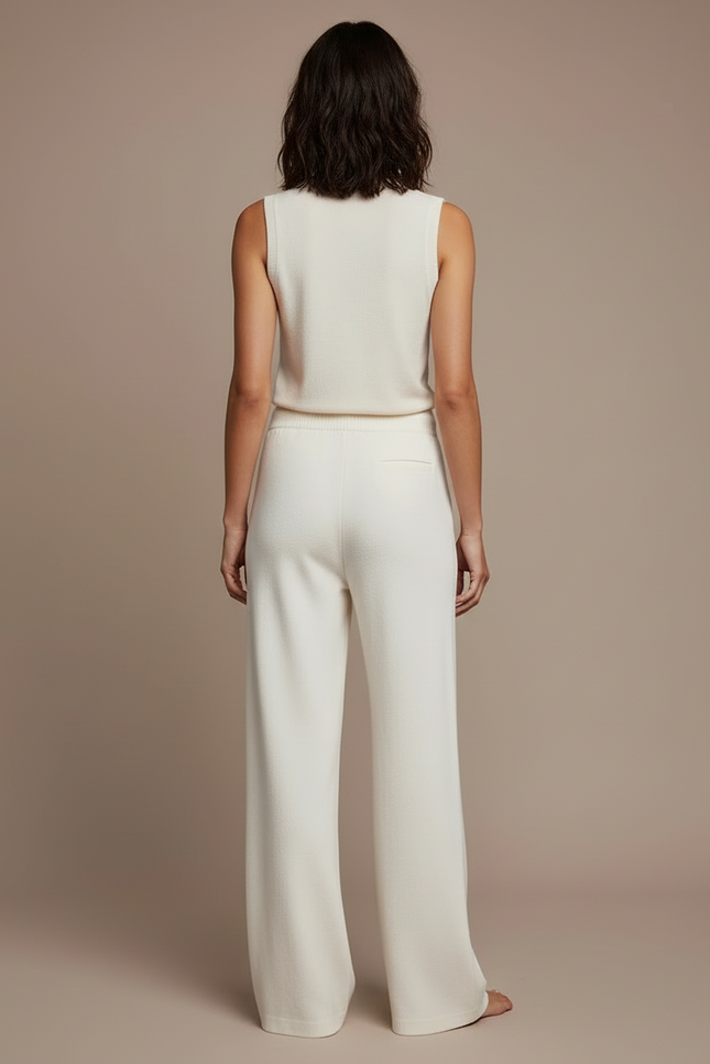 Pantalon Blanc Tricoté Ample Taille Haute Fluide - Maille - vue 2