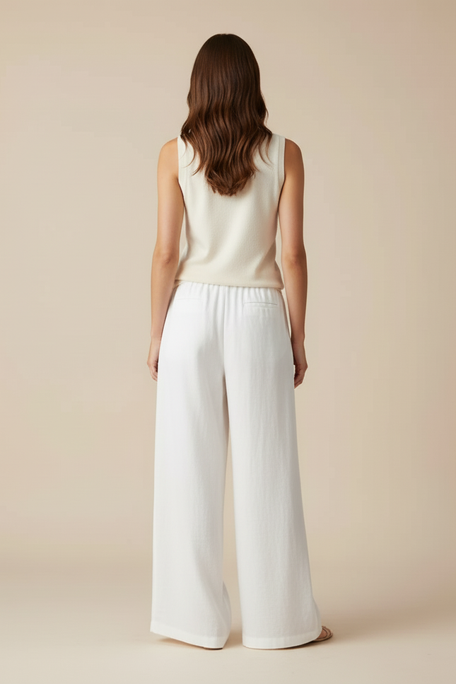 Pantalon Blanc Large Lin Fluide Casual Chic - vue 2