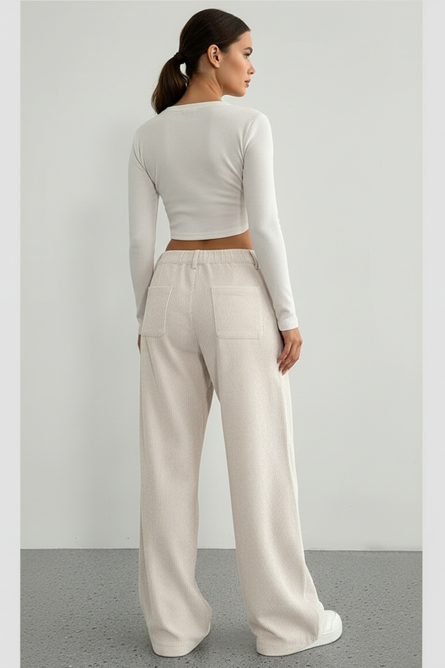 Pantalon Blanc Côtelé Taille Haute Ample Décontracté - Beige Cordé - vue 2