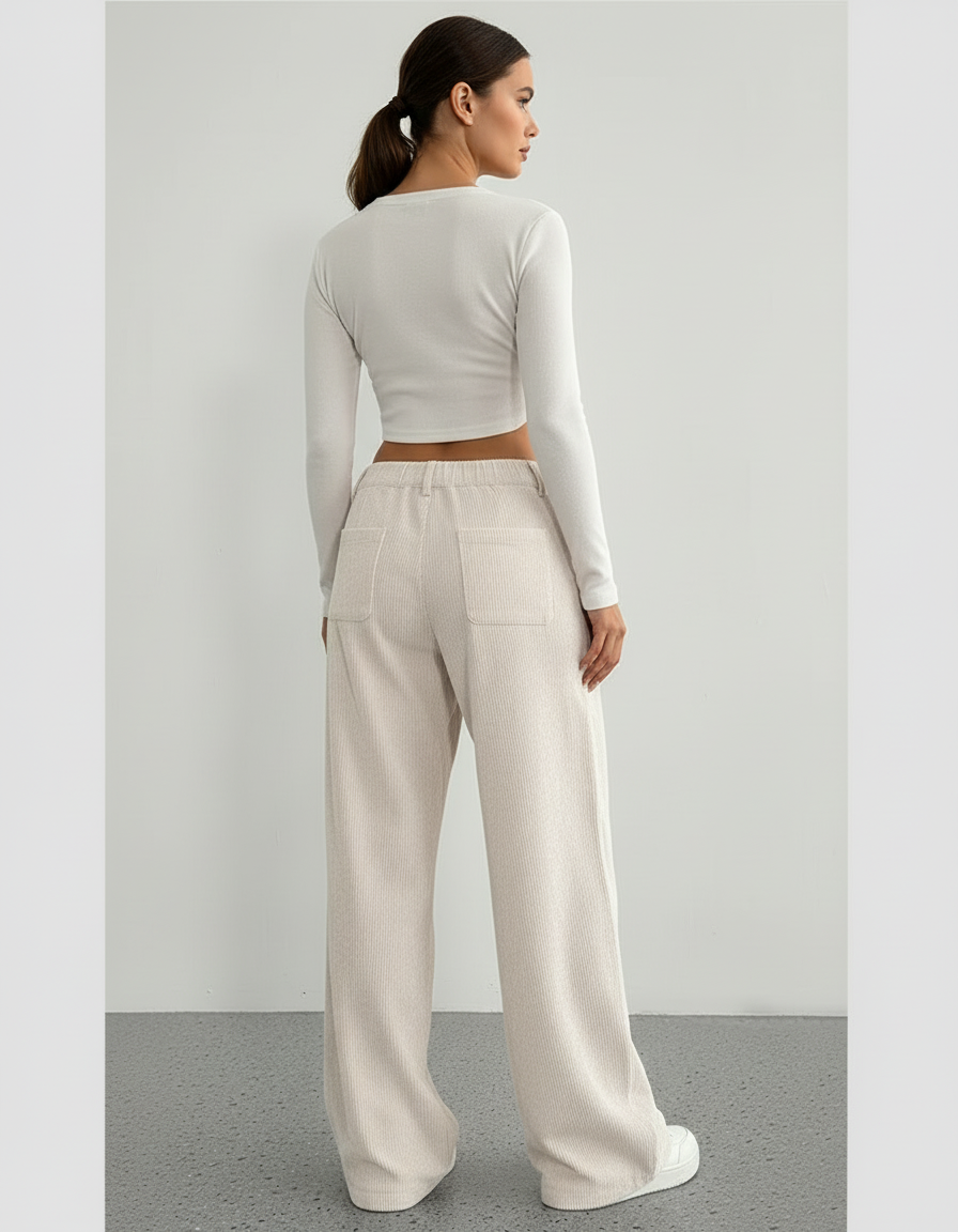 Pantalon Blanc Côtelé Taille Haute Ample Décontracté - Beige Cordé - vue 2