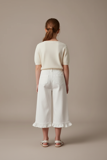 Pantalon Blanc Fille Volants Ample Décontracté Coton - vue 2