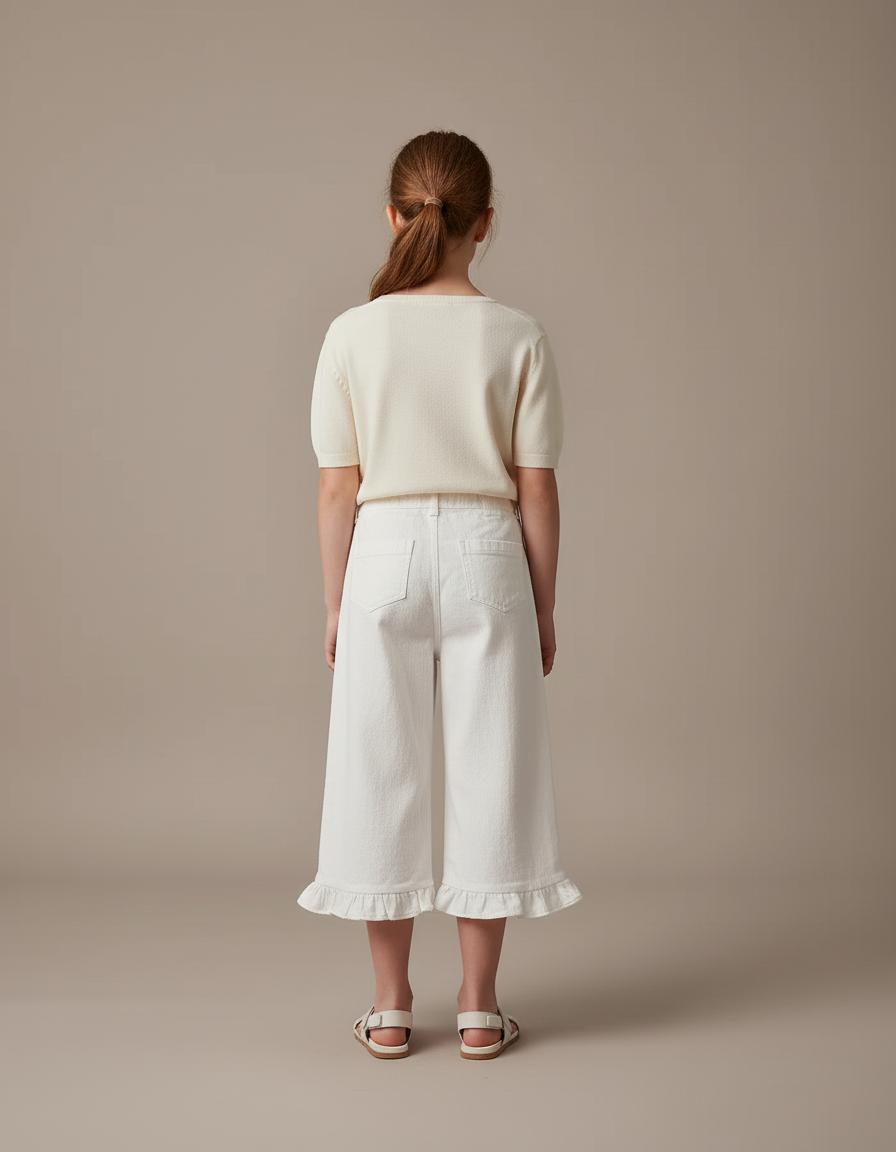 Pantalon Blanc Fille Volants Ample Décontracté Coton - vue 2