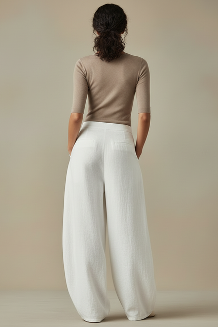 Pantalon Blanc Lin Ample Fluide Élégant Femme - vue 2