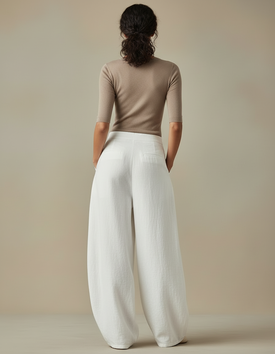 Pantalon Blanc Lin Ample Fluide Élégant Femme - vue 2