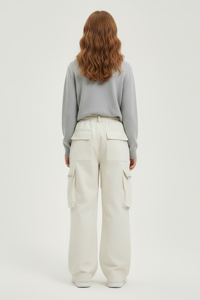 Pantalon Blanc Cargo Ample Poches Multiples Fille - Beige Toile - vue 2