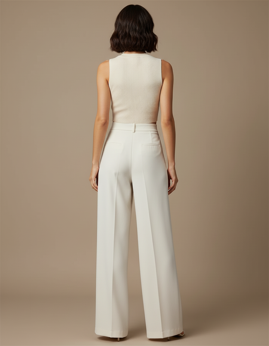Pantalon Blanc Ample Fluide Nœud Élégant Femme - Beige Polyester - vue 2