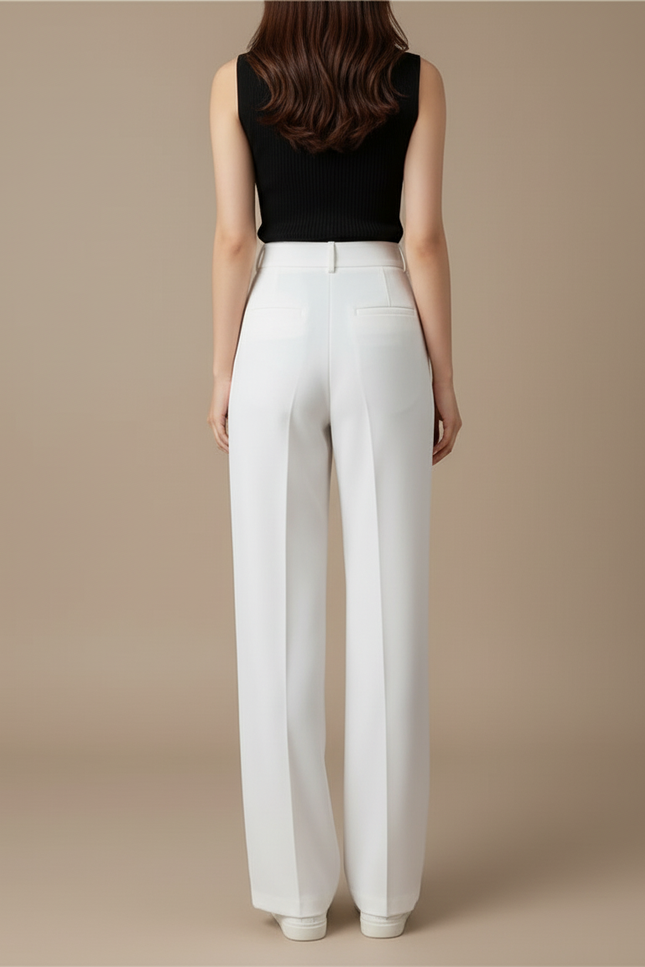 Pantalon Blanc Femme Taille Haute Fluide Décontracté - Polyester - vue 2